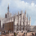 Acquatinta guasciata a mano in epoca, il Duomo di Milano