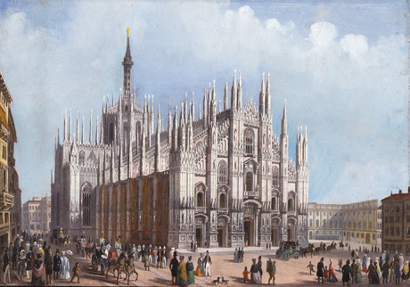 Acquatinta guasciata a mano in epoca, il Duomo di Milano